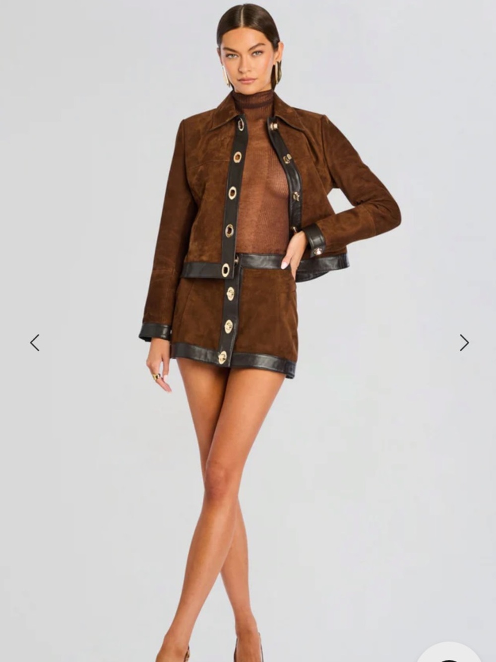 Retrofete Lisbeth Brown Suede and Dark Brown Leather Skirt with Gold Turn Locks